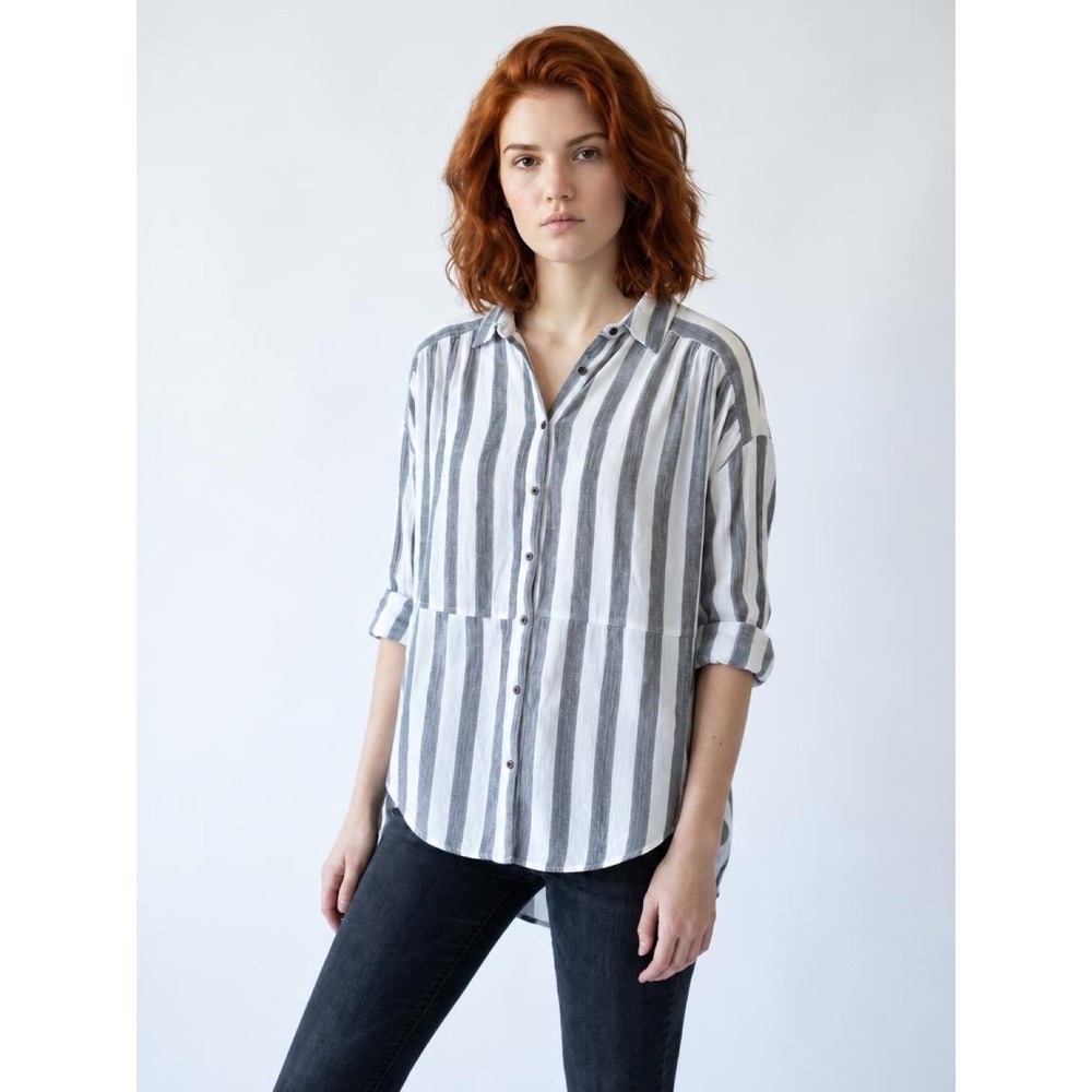 Kori America Grey White Striped Button Down Shirt split sides oversized fit boho